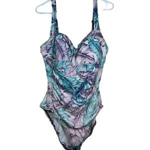 Elemar White Tropical Leafy Ruched Swimsuit Purple Teal Size 18 EUC #0448-LA
